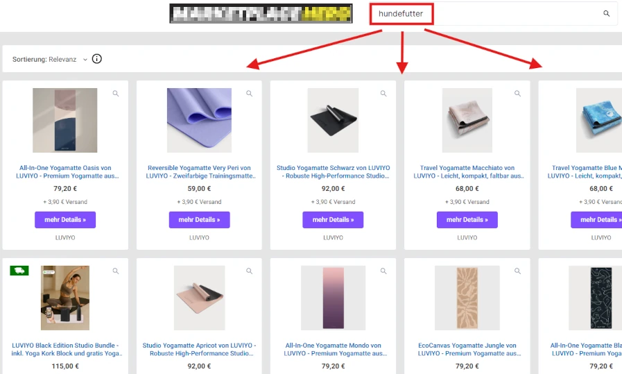 Das Bild zeigt die Landingpage eines CSS Anbieters. Der Suchbegriff ist "hundefutter". Die Auswahl zeigt völlige unpassende Produkte.