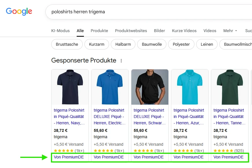 Das Bild zeigt die Google Suchergebnisseite. Der Suchbegriff ist poloshirts herren trigema. Darunter stehen Google Shoppinganzeigen. CSS PremiumDE ist grün umrandet.