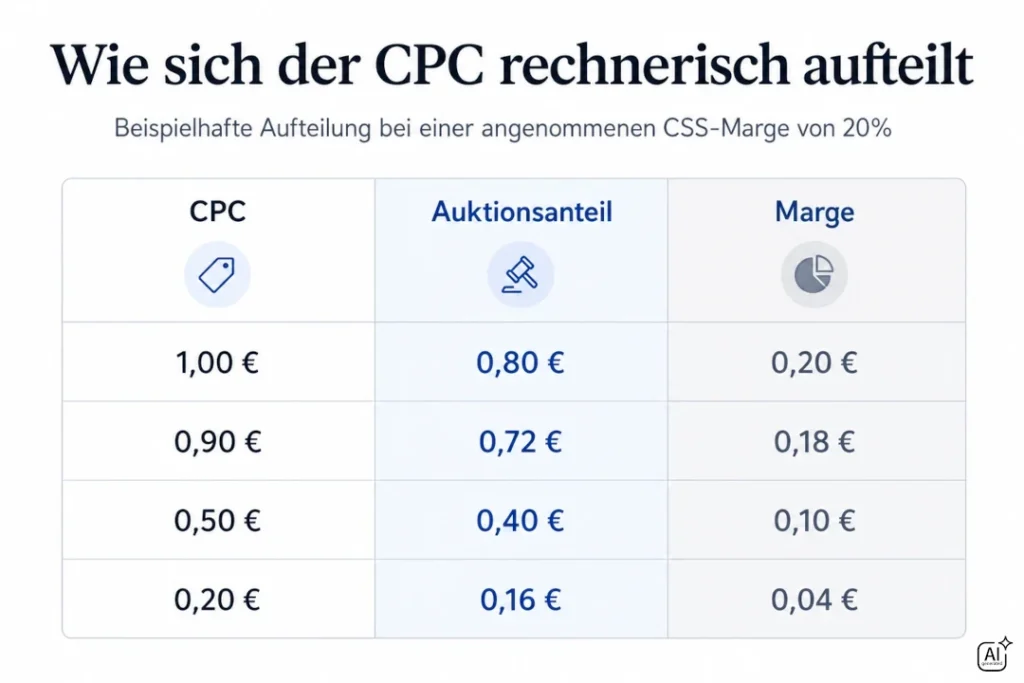 Beispielhafte Aufteilung des CPC in Auktionsanteil und CSS-Marge