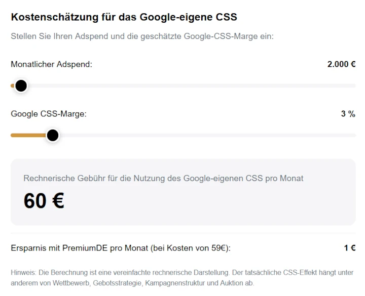 Kostenschätzung für das Google-eigene CSS bei 2.000 Euro Adspend und 3 Prozent Marge